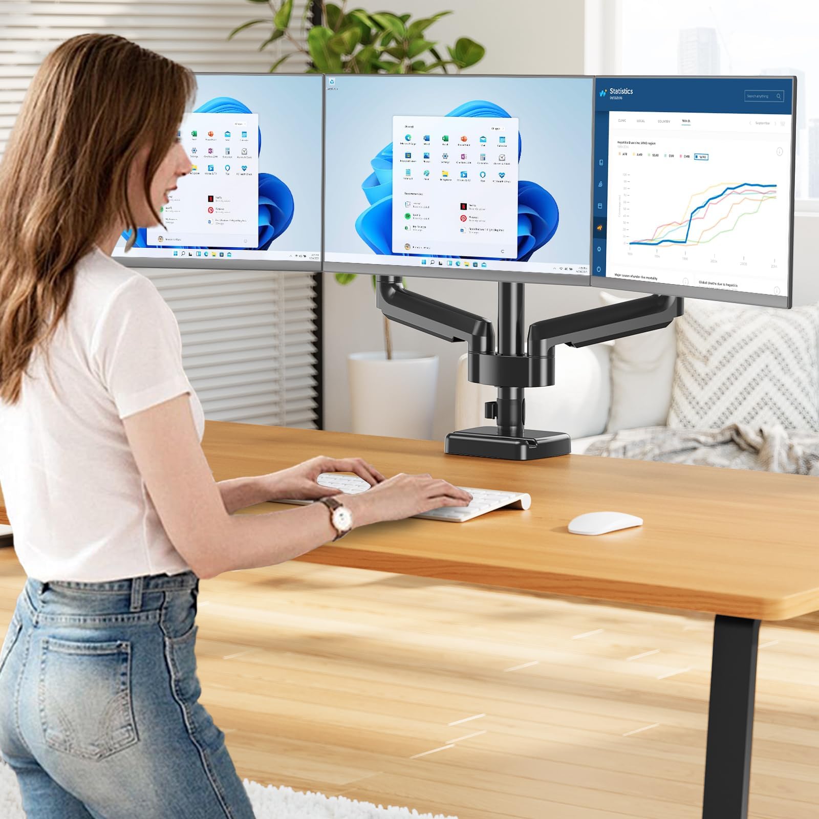 MOUNT PRO Soporte de Escritorio para Monitor Triple, Brazo articulado de Resorte de Gas, extraíble con Abrazadera y Base de Ojal, se Adapta a monitores LCD de computadora de 13 a 27 Pulgadas, VESA 75