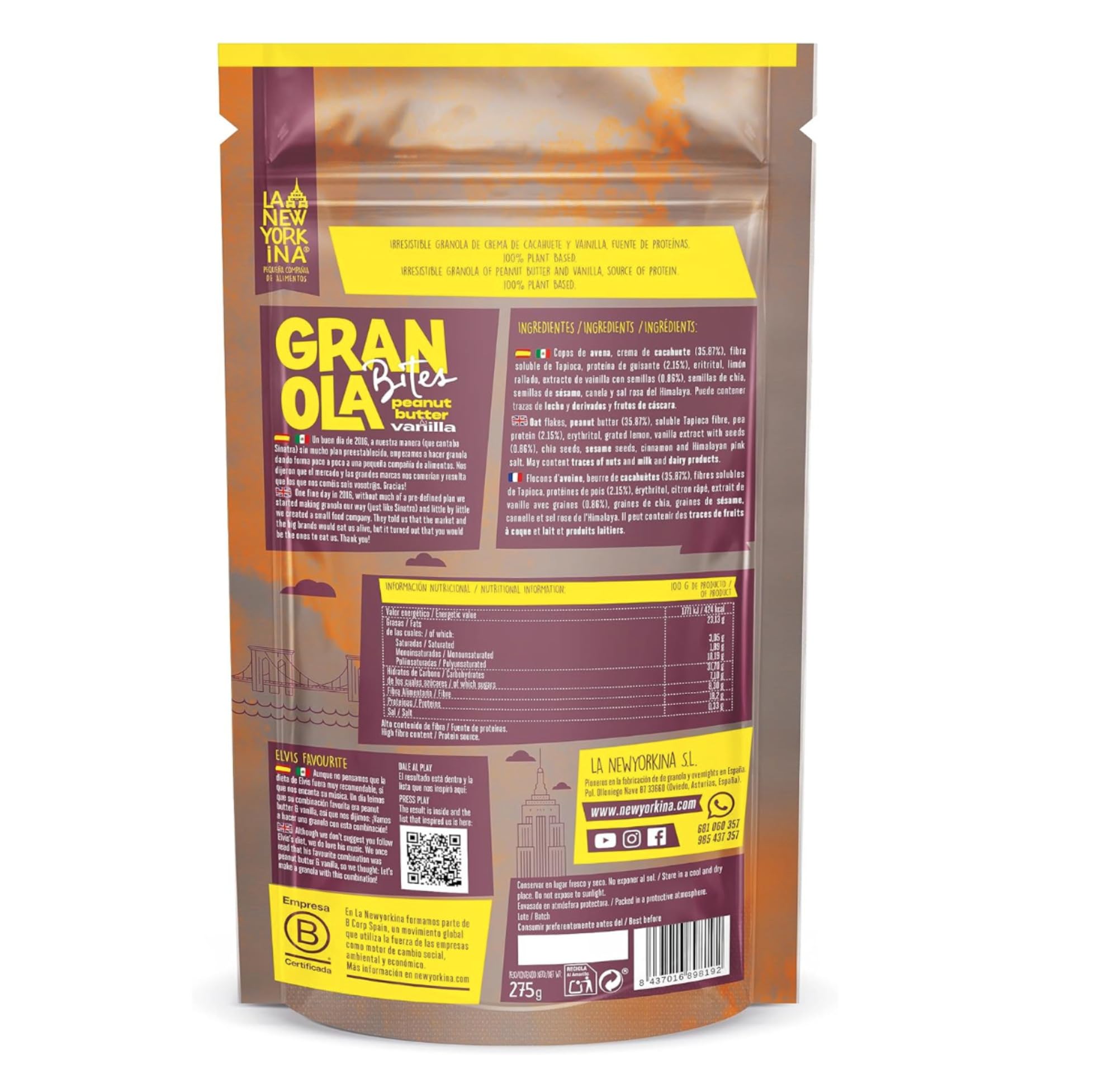 LA NEWYORKINA BITES Granola Peanut Butter Vainilla con copos de avena y crema de cacahuete. Granola con el profundo sabor de la mantequilla de cacahuete y el toque perfecto de vainilla. 275gr
