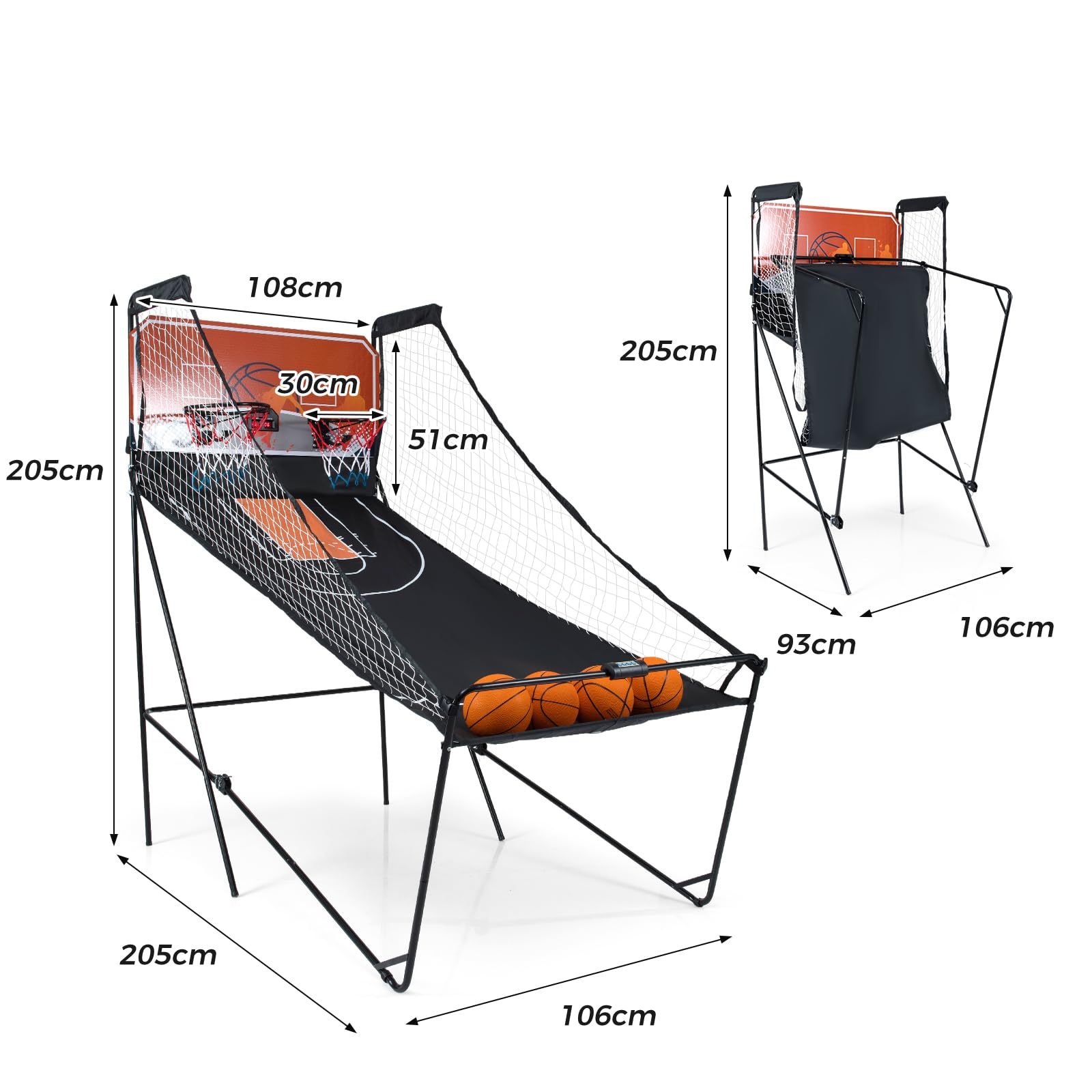 GYMAX Faltbares Basketballspiel für 2 Spieler, elektrischer Basketballautomat mit 4 Bällen, 8 Spielmodi, 2 Basketballkörben & Pumpe, Basketball-Wurfmaschine für Erwachsene & Kinder
