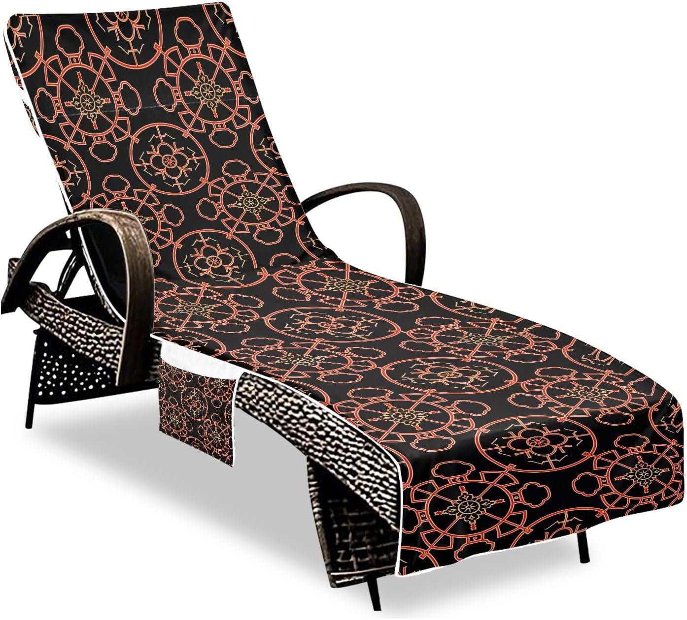 Ethnic Geometric Pattern Red Black Chaise Lounge Cover Soft Sturdy Patio Chaise Lounge Chair Towels with Pockets for Outdoor Pool Beach Sunbathing, 85" X 30"