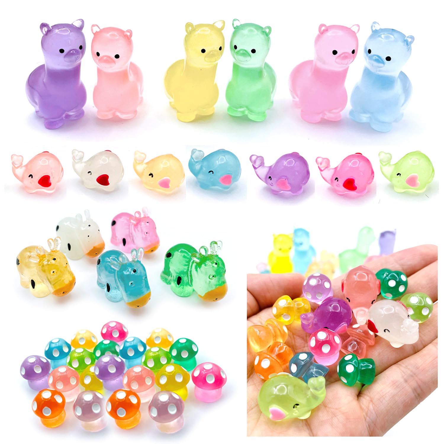 Luminous Mini Resin Animal Figurines Glow in The Dark Resin Cows Mushrooms Elephants Alpacas Various Tiny Miniature Figures Micro Landscape Aquarium Bonsai Decor 38Pcs