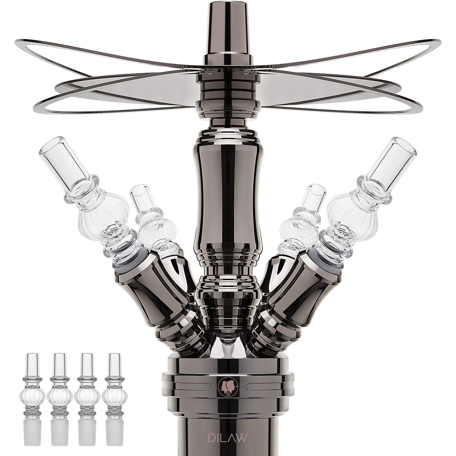 DILAW Szisza kompletny zestaw Smart to go, 38 cm, ze stali nierdzewnej, mini hookah z 4 przyłączami i 4 adapterami szklanymi, w zestawie z miską, głowicą i nasadką, wężem węglowym, ustnikiem