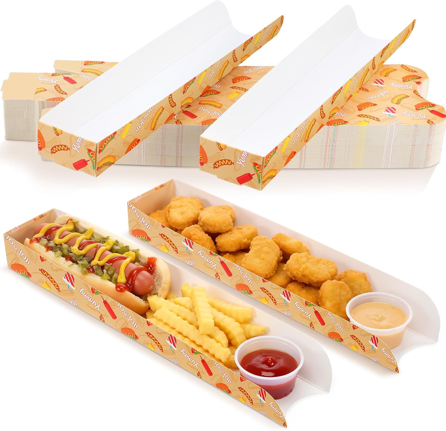 Layhit 300 Pcs Hot Dog Trays Disposable 11.8 x 2 x 1.2 Inch Open Hot Dog Containers Paper Serving Trays Hotdog Holder for Nachos Tacos Fries BBQ Festivals Party Greaseproof (Regular,Black)