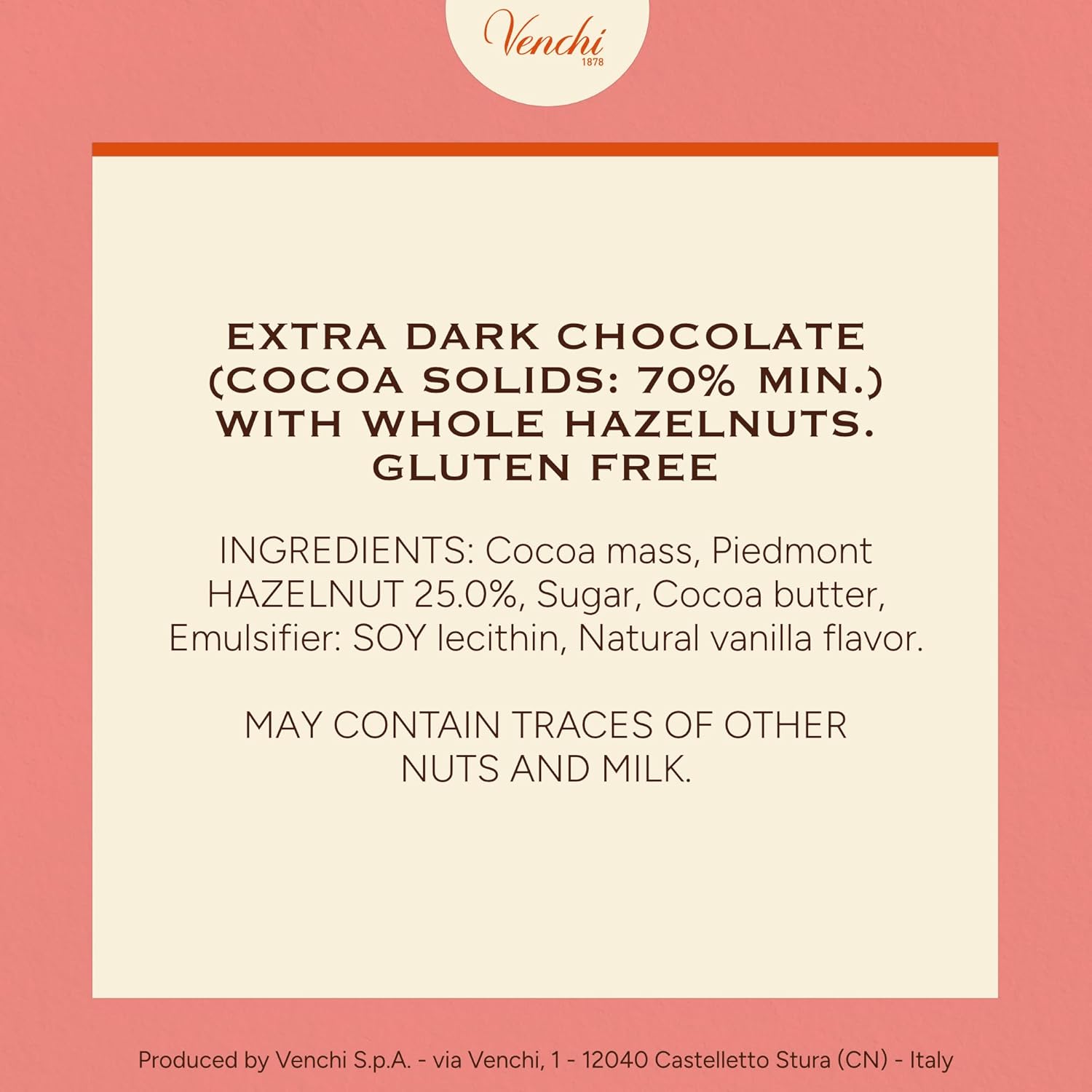Venchi - 70% Dark Chocolate Hazelnut Bar with South American Cocoa and Piedmont Hazelnut, 3.52oz - Gluten Free (Pack of 2)