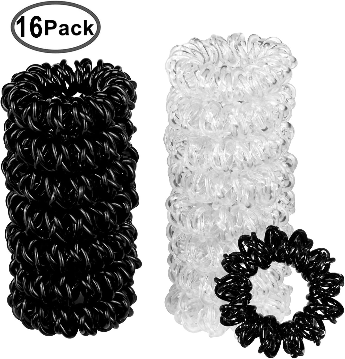 Black And Transparent Spiral Hair Ties No Crease Hair Coil Set Hair Ring Phone Cord Traceless Elastic Hair Ties Ponytail Holder Rubber Bands Girls Woman Hair Accessory, 8 pack/Color,16 pack
