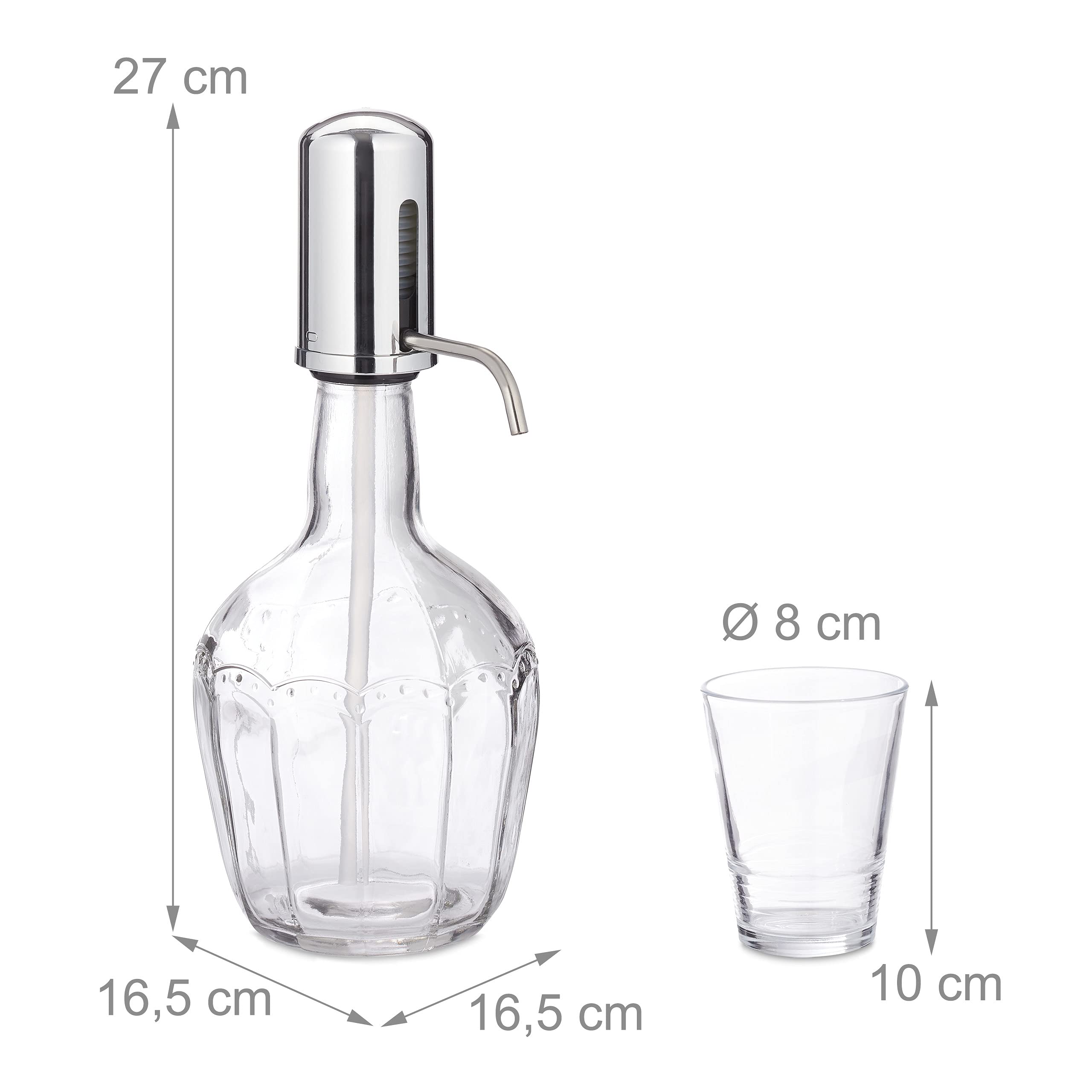 Relaxdays Dispensador de Bebidas con Bomba Manual, 6 Vasos, Garrafa Cristal con Dosificador, Volumen 2,4 L, Transparente