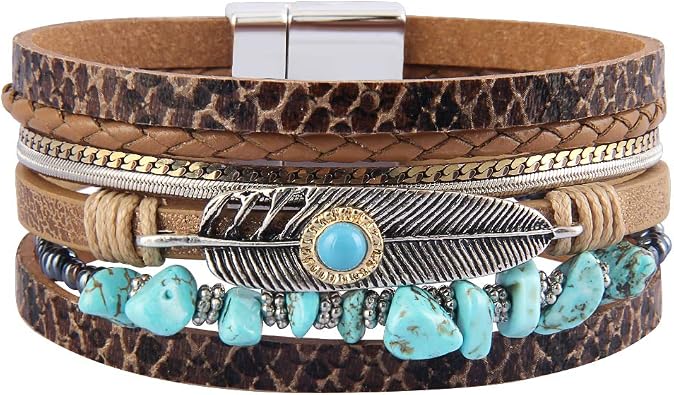 GelConnie Womens Leather Cuff Bracelet Feather Multi Strand Bracelet Wrap Bracelet Turquoise Boho Bangle Braided Leather Wristbands Bohemian Jewelry Gifts for Women Wife Sister