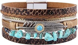 Womens Leather Cuff Bracelet Feather Multi Strand Bracelet Wrap Bracelet Turquoise Boho Bangle Braided Leather Wristbands Bohemian Jewelry Gifts for Women Teen Girls Wife Sister