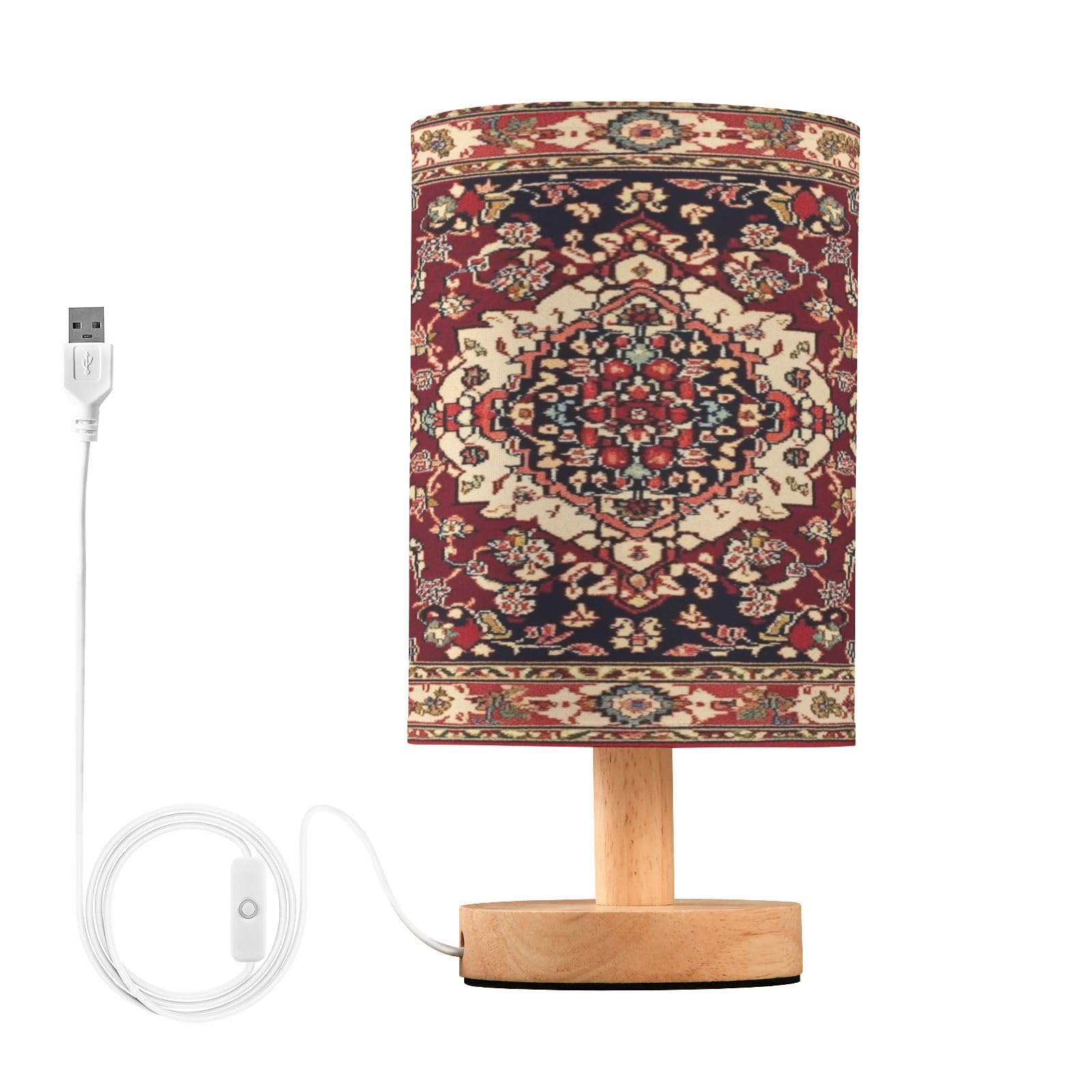 Ttgoth Ethnic Print Bedside Table Lamp for Bedroom Small Nightstand Lamp LED Desk Lamp with USB Ports and Fabric Shade for Living Room, Dorm, Home, Office