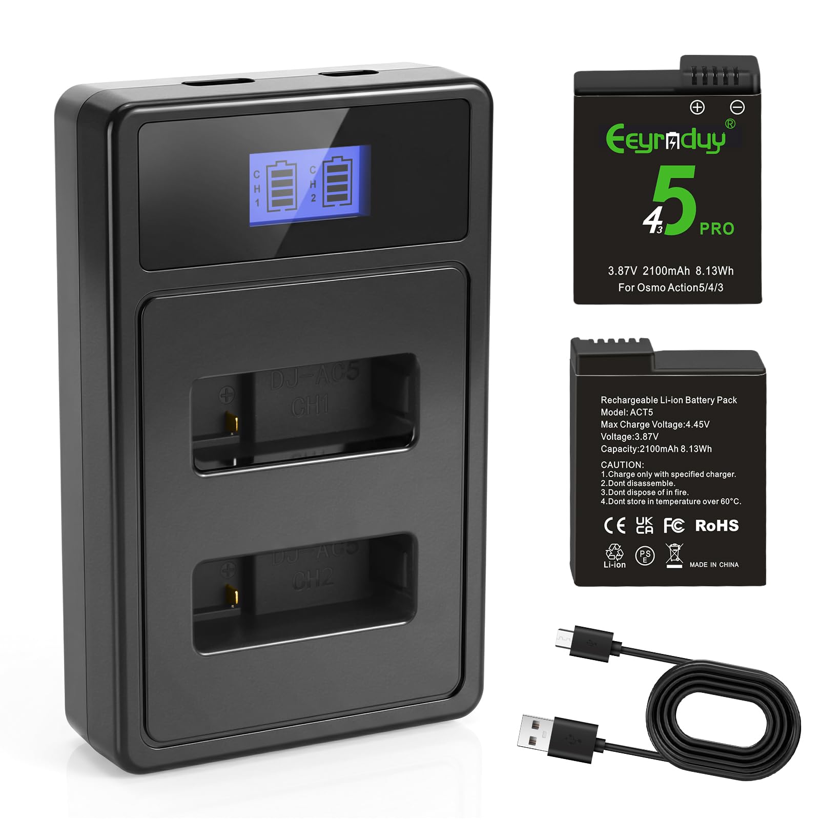 Eeyrnduy Osmo Action 5 Pro/4/3 Battery Charger Kit 2-Pack 2100mAh Batteryand 2-Channel Fast Charger Hub (Action 5)