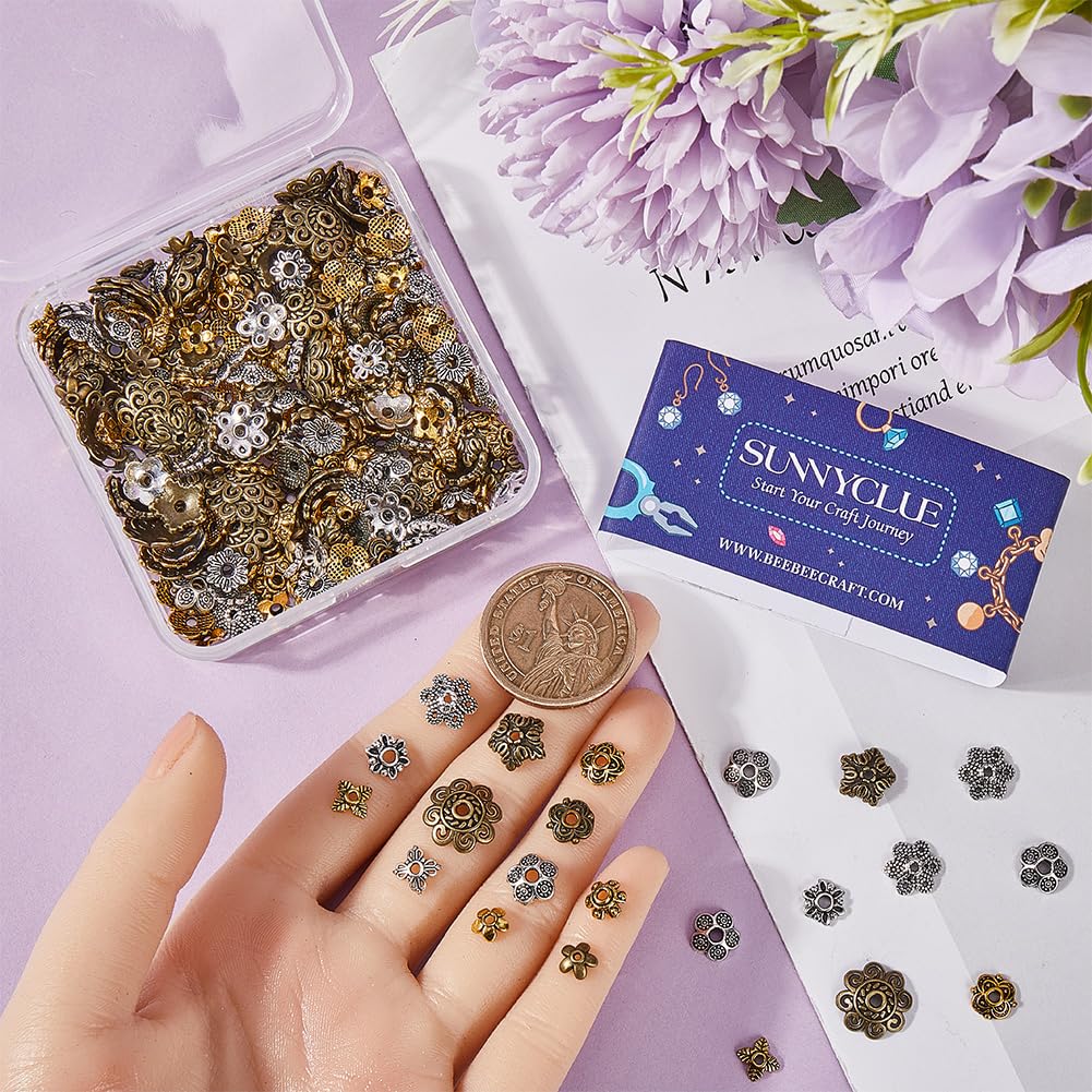 SUNNYCLUE - Capuchons Perles Florales En Métal - 112 Pièces, 8 Styles (or, Argent, Noir) - Pour Fabrication Bijoux DIY