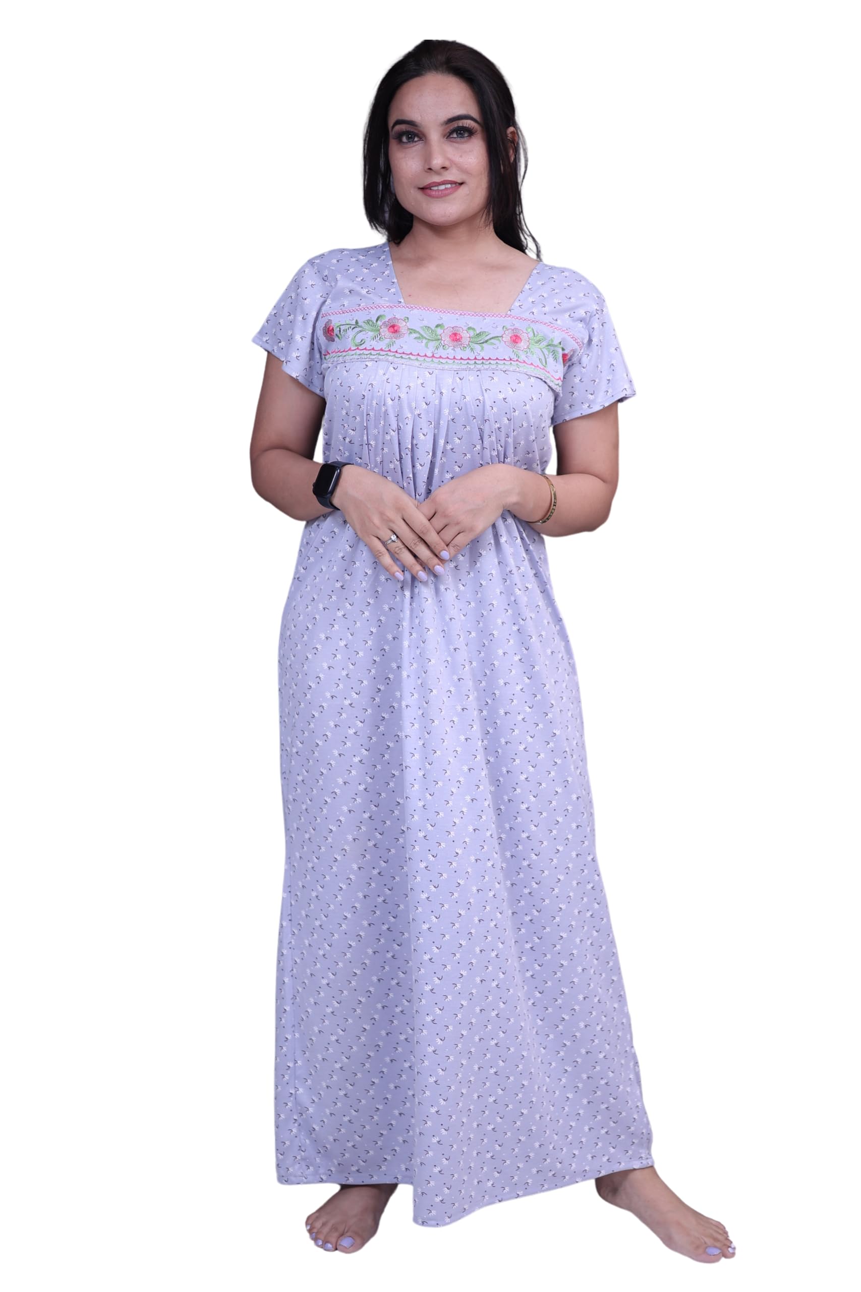 Cotton Hosiery Nighty Night Gown for Women, Short Sleeves Maxi Dress - Women's Cotton Blend Hosiery Ankle Length Printed Nighty Night Dress Gown-image-36