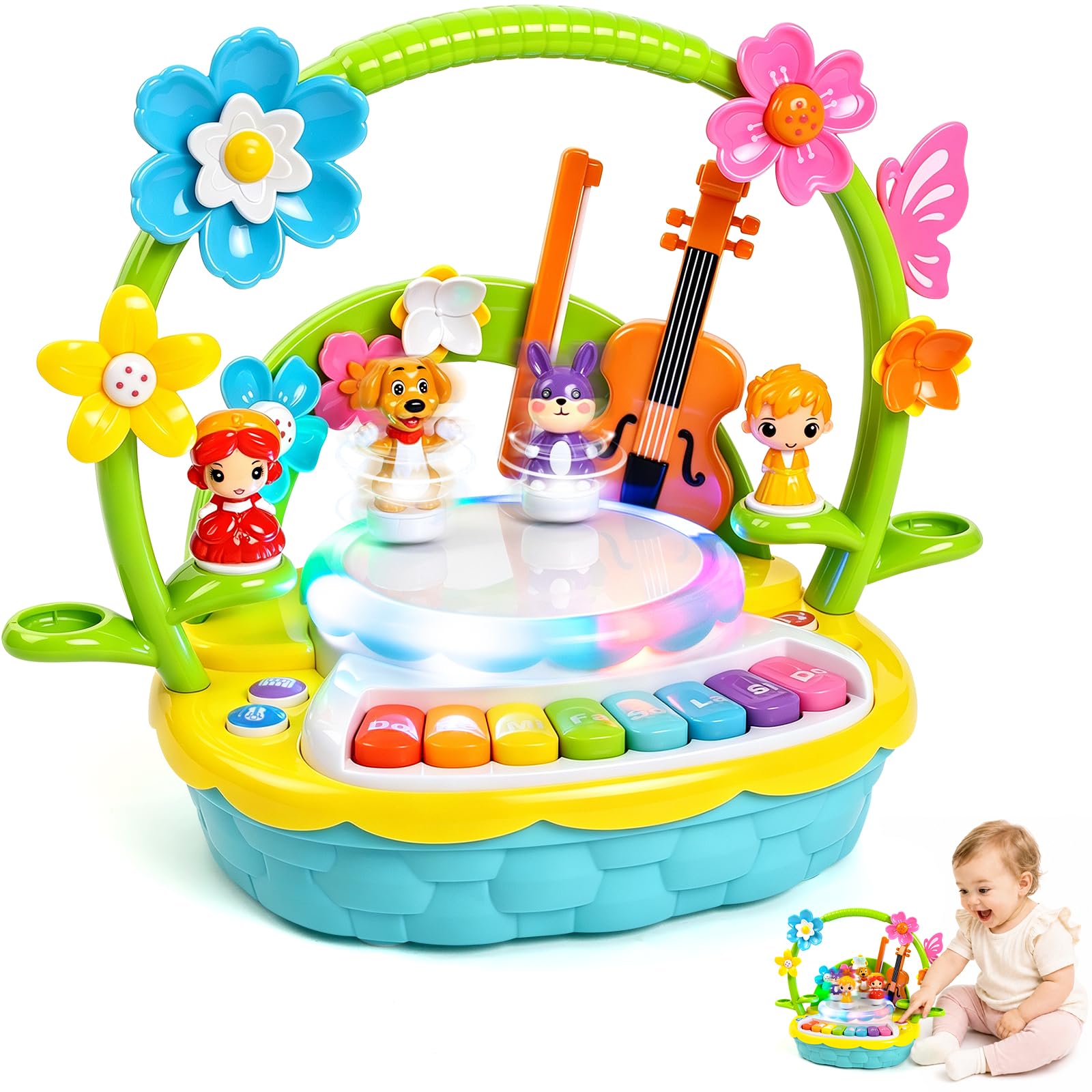 Musical Toys for 1 2 3 Year Old Girls Boys, Toddler Piano Keyboard Learning Toy with Rotating Animal Stage,Lights & Sounds,Educational Interactive Music Toy,First Birthday Gifts for Baby 12-18 Months