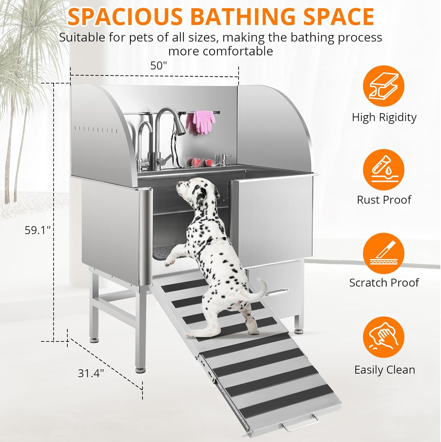 Professional Stainless Steel Dog Grooming Tub, Collapsible Ramp, Storage Drawer, Pull-Out Faucet, Floor Grate, Dog Washing Station for Large, Medium, Small Pets, Left Door, 50 inch