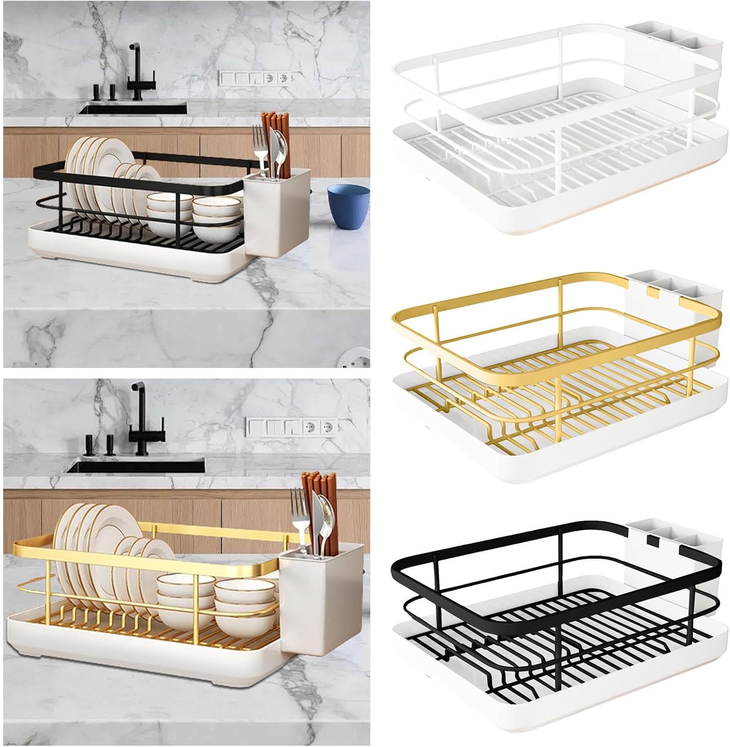 Dish Drying Rack, Multi-Function Dish Racks for Kitchen Counter, Carbon Steel Dish Rack with Cutlery Holder and Drip Tray, Space-Saving Kitchen Organizer (Gold)