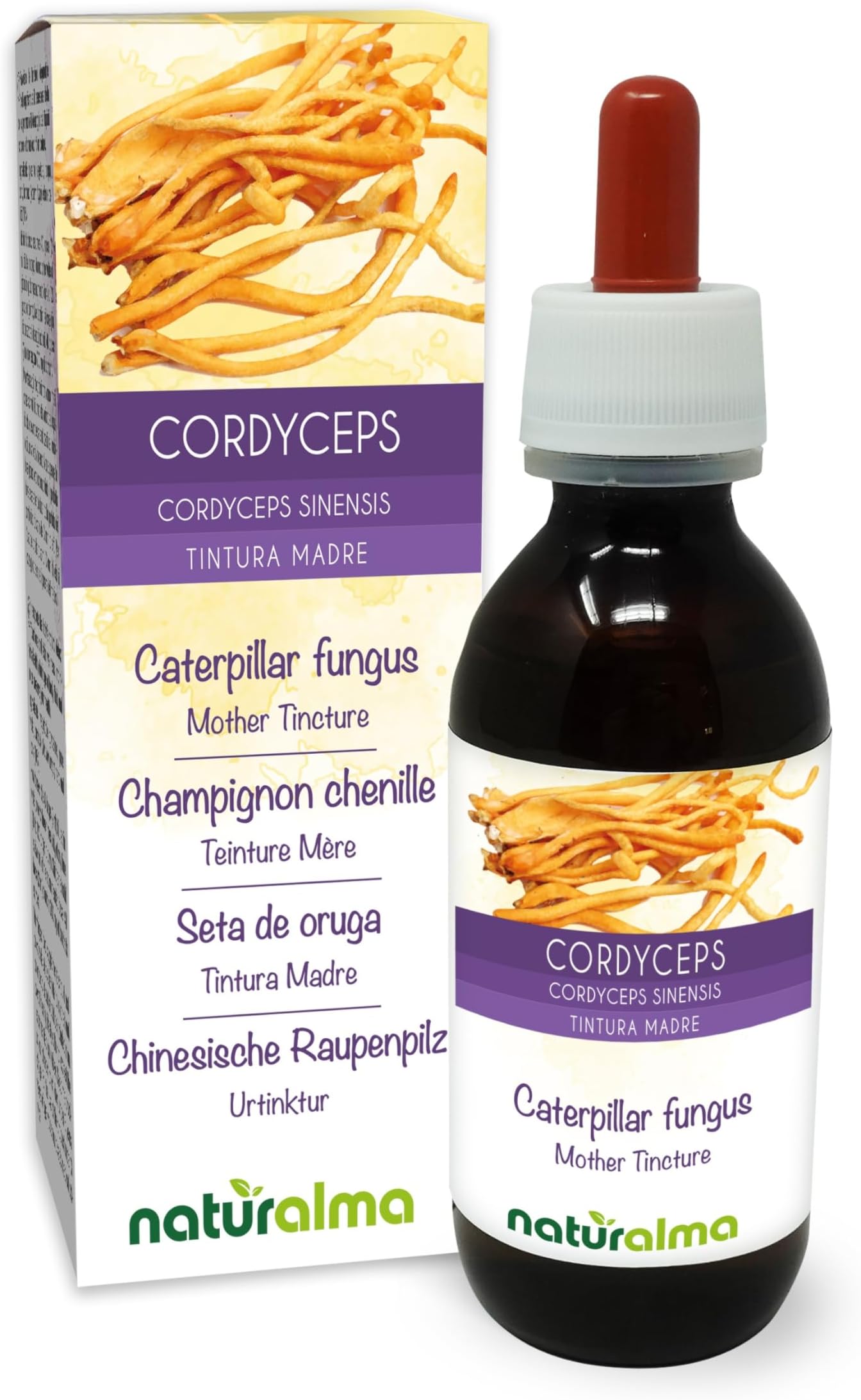 Cordyceps or Caterpillar Mushroom (Cordyceps sinensis or Ophiocordyceps sinensis) Fungus or Mushroom Alcohol-Free Mother Tincture Naturalma - Liquid Extract Drops 120 ml - Food Supplement - Vegan
