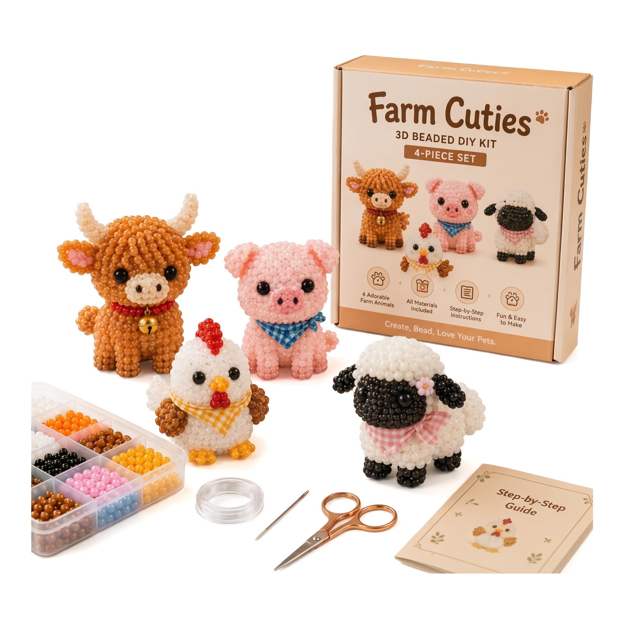 Generic DIY Kit, 3D Beaded Animals DIY Craft Set, Handmade Animal Bead Embroidery for Adults Teens, Complete with Instructions, Includes All Materials, Easy for Beginners, Animal Decor (Farm Cuties)
