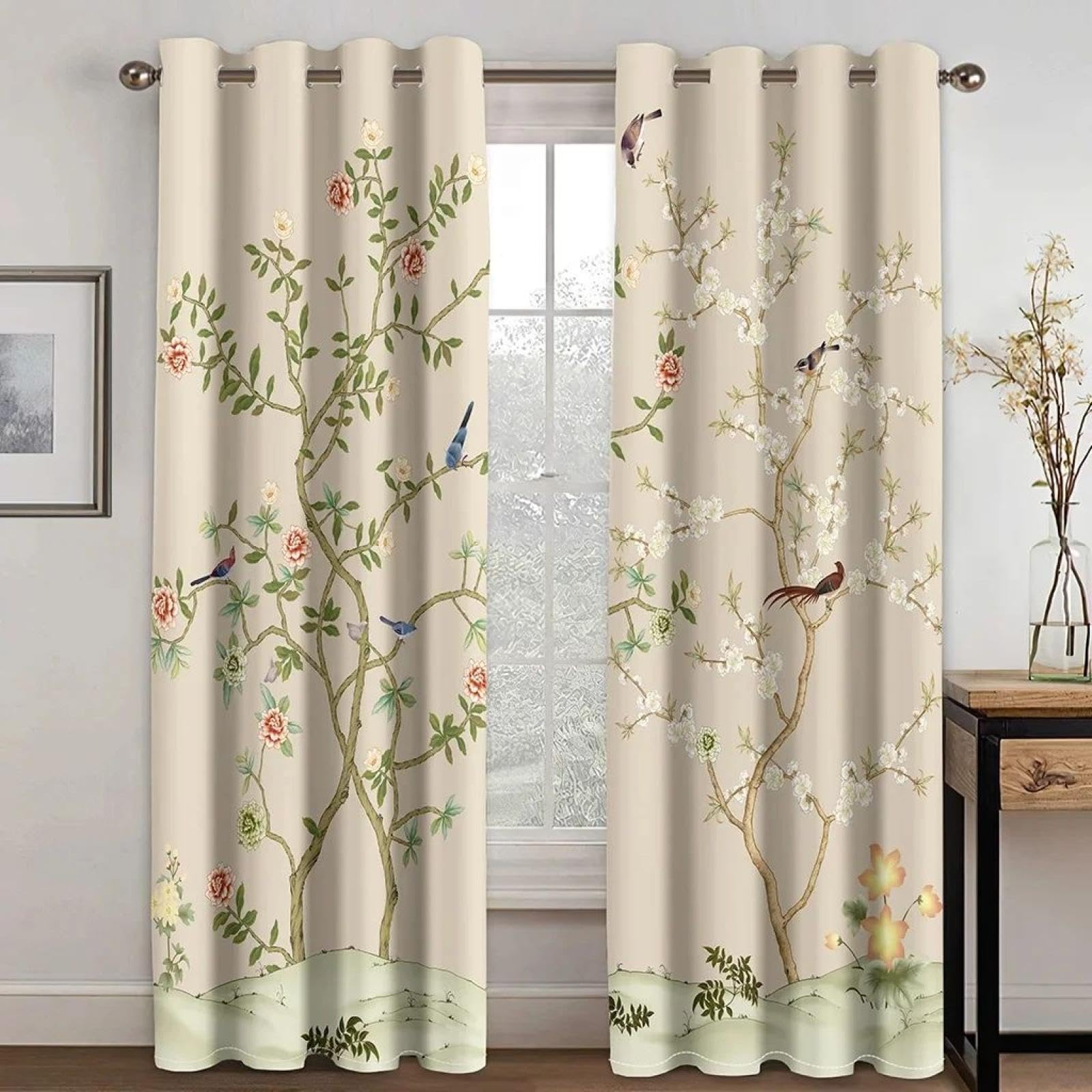 HNYDM Cortinas de Ventana de Flores y pájaros de Cultura Tradicional China para niños, Dormitorio, Sala de Estar, tratamientos, decoración de Cocina, persianas WxH/2x130x160cm
