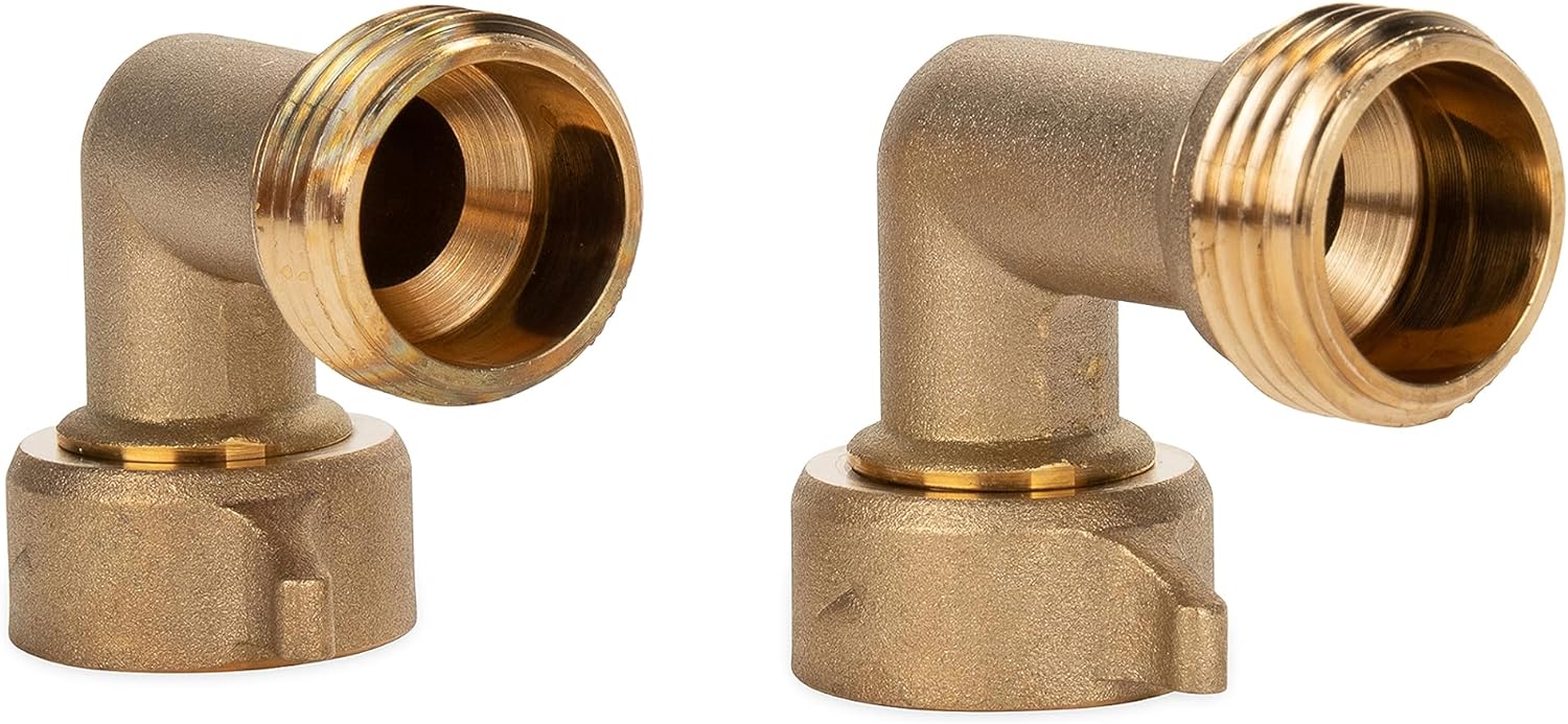 Camco 90-Degree Hose Elbow For RVs — Solid Brass Construction— Certified Lead-Free — Features Convenient Easy Grip Connector — For RV Water Hoses, Residential Outdoor Faucets, & More — 2-Pack (22507)
