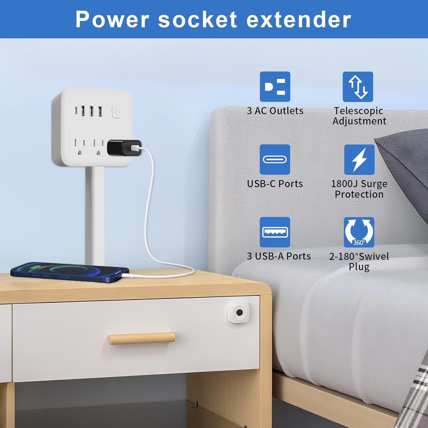 Electrical Outlet Extender Stick, 18"-28" Extendable Power Strip with 180° Rotating Plug, 2 USB-A, 1 USB-C, 3 AC Outlets, Wall Plug Extender for Behind Couch, Sofa, Nightstand 1pcs