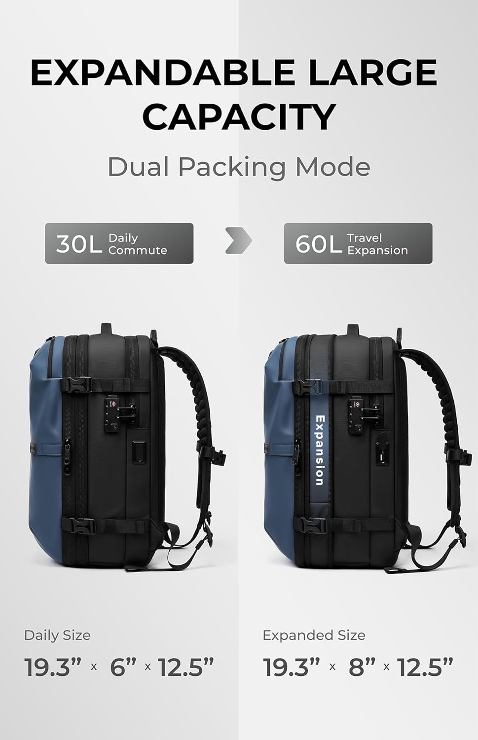 AirVault Vacuum Seal Travel Backpack 60L with Expandable HyperSeal Air Compression Vacuum System Water Resistant TSA Lock (Vacuum Pump Included, Blue, 60L) - Image 7