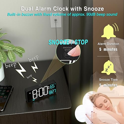 Miniatura 4 de KOSUMOSU Relojes despertadores para sala de estar, reloj digital pequeño de 6.7 pulgadas para dormitorio, atenuación automática, fecha, día de la