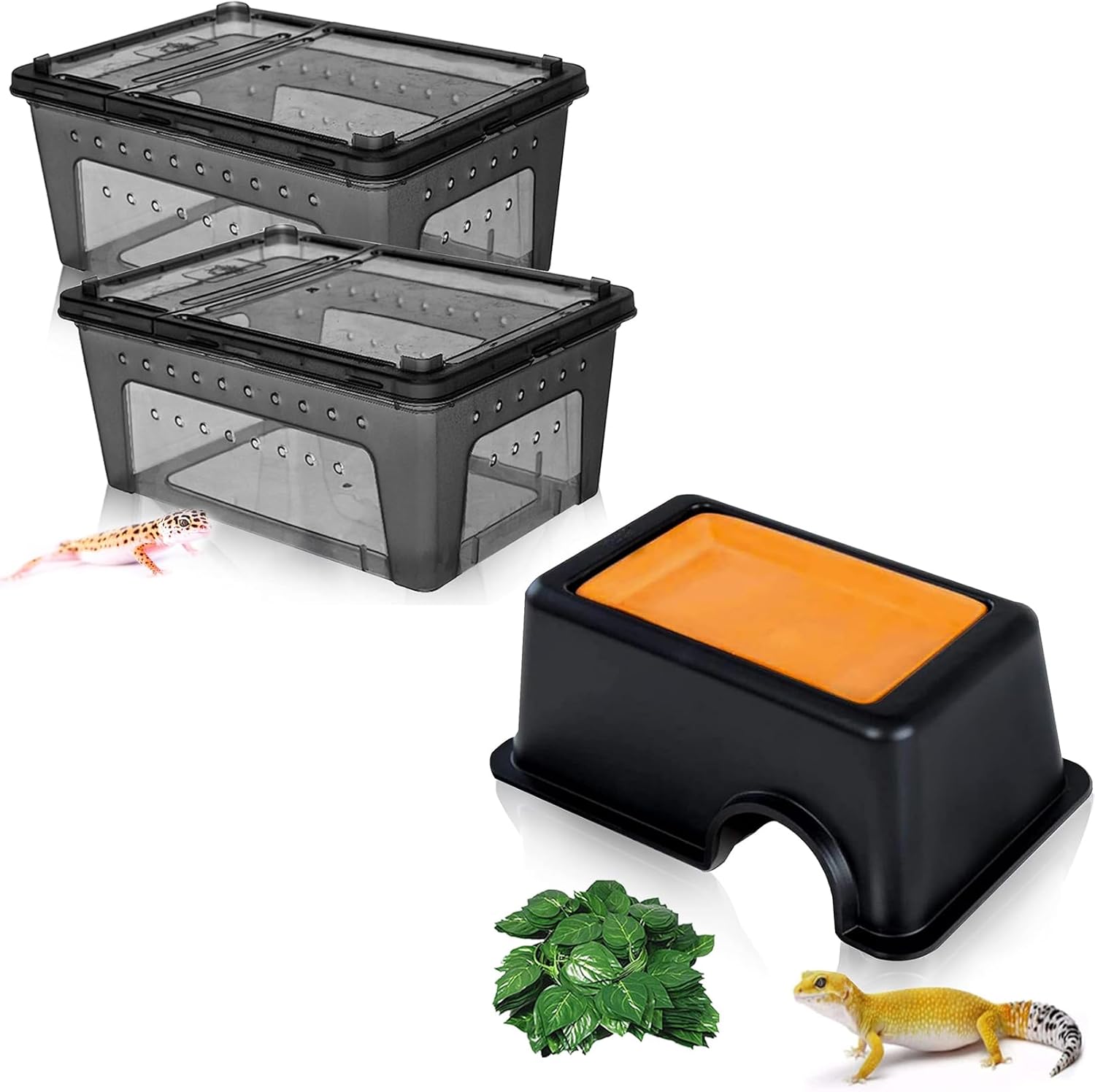 Hamiledyi 2PCS Reptile Feeding Box & Hide Box Black, Reptile Habitat with Sink Humidifier for Snakes, Leopard Spiders, Turtles