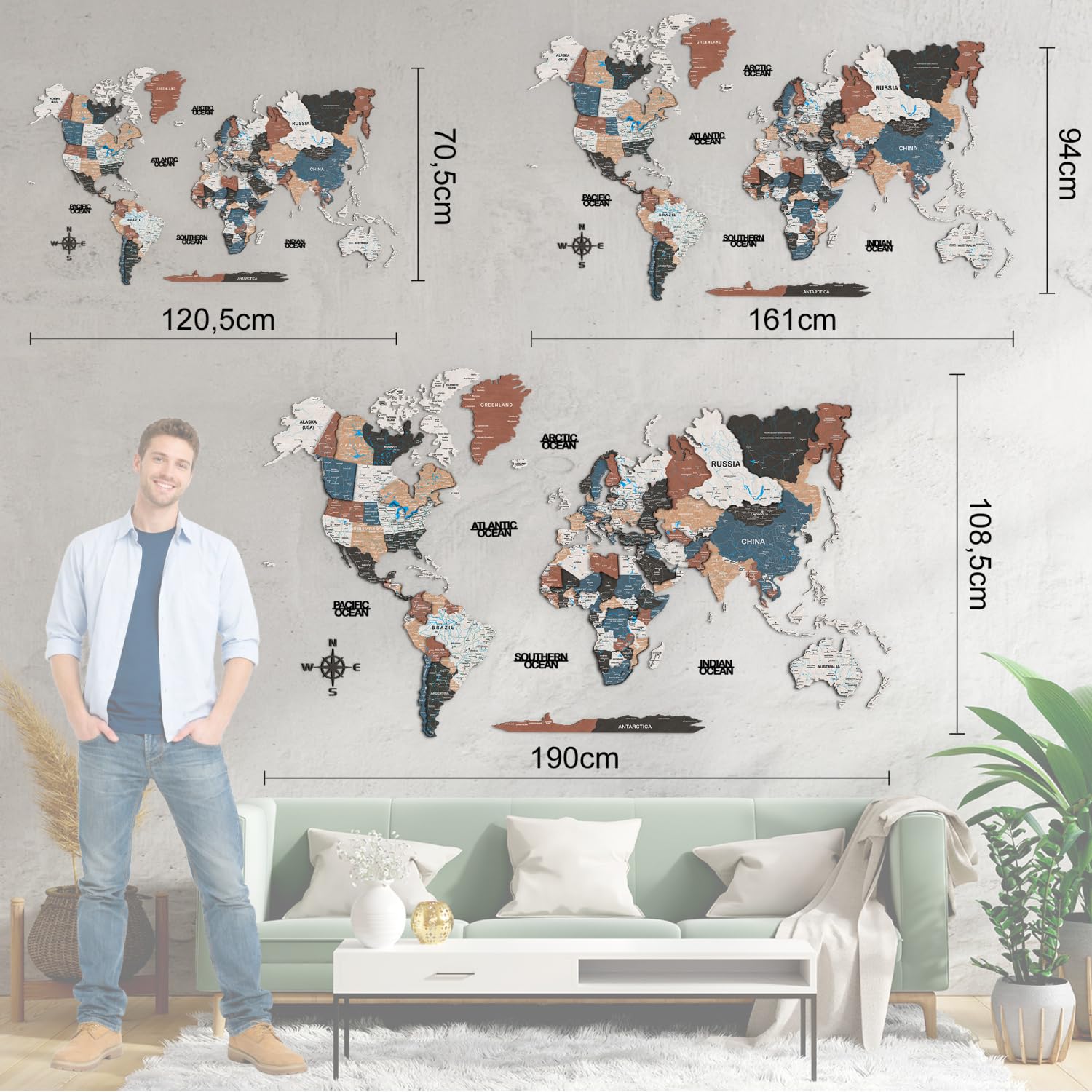 Giallobus - Mapa del mundo 3D - Mapa mundial 3D - Madera MDF - 120.5L x 70.5l cm - 06 - Multicolor wood OVERLAY - Decoración de Pared - Madera MDF Multinivel - Salón Oficina