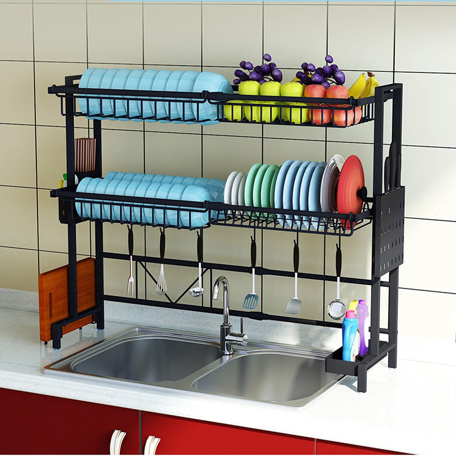 Scaffale telescopico per lavello da Cucina in Acciaio Inossidabile a 2 Strati Scaffale per filtri per stoviglie Lavello Lavello Scarico per lavello, Nero, 81,5 * 29 * 62 cm