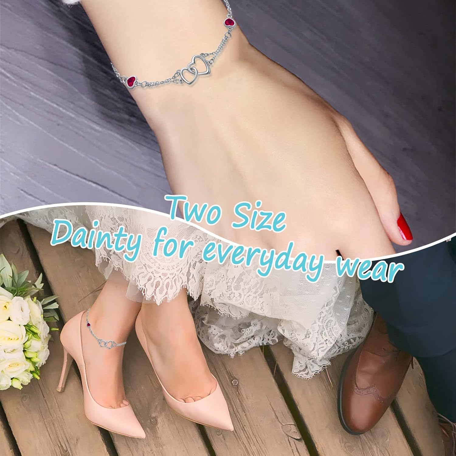 Dorunmo Anklet/Bracelet for Women 925 Sterling Silver Birthstone Jewelry Cubic Zirconia Double Heart Chain Jewelry for Mom Wife Friend Bride Valentine's Day Christmas Birthday Mother's Day