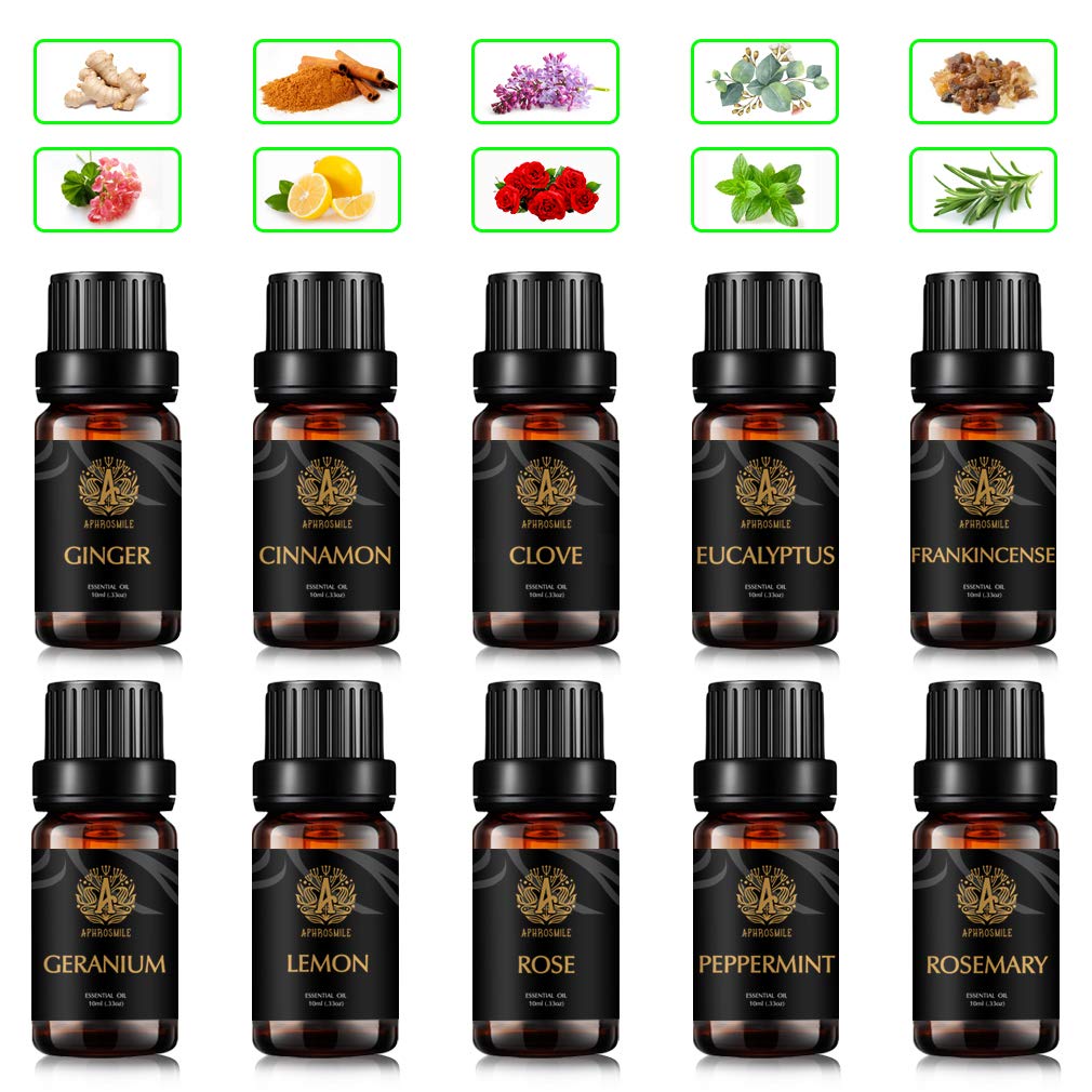 Aromatherapie Ingwer ätherisches Öl Set für Diffusor, 100% reine Zimt ätherisches Öl Kit für Hause, 10x10ml Eukalyptus ätherische Öle Set - Nelken, Weihrauch, Pfefferminze Öle...
