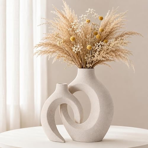 Ceramic Donut Vase Set of 2, Beige Hollow Decorative Flower