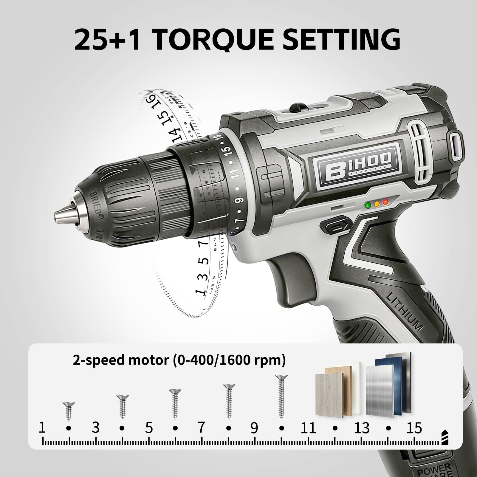 Kit trapano avvitatore senza fili da 12 V, 2 velocità 0-1600 giri/min, coppia 25+1, mandrino senza chiave da 3/8", luce a LED, batteria e caricabatterie, set di punte da trapano, per progetti fai da