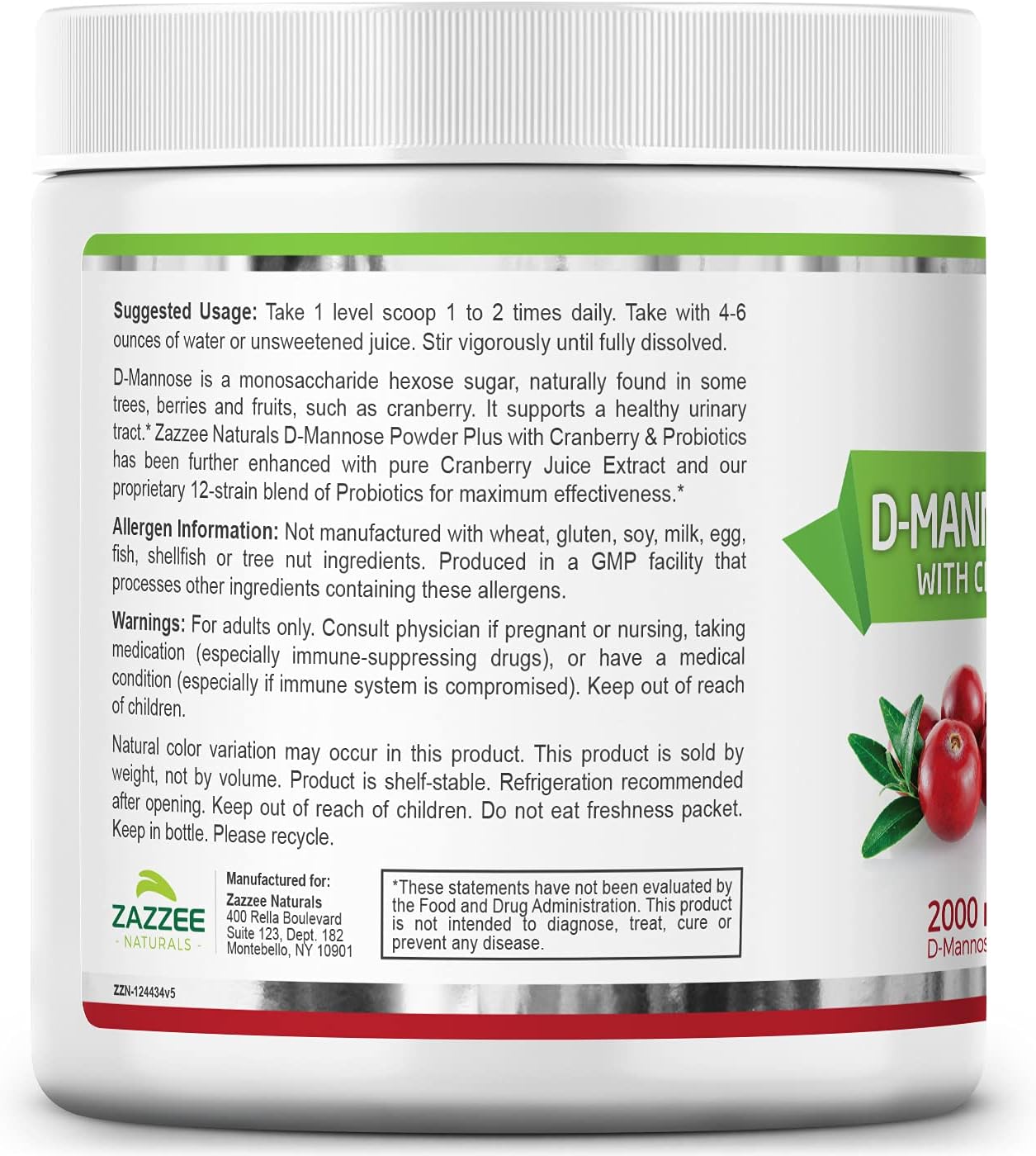 Zazzee D-Mannose Powder Plus, 2000 mg, 67 Servings, Potent & Fast-Acting, Plus 5 Billion CFU Probiotics and Pure Cranberry Juice Extract, Free Scoop, 6.5 Oz, Vegan, Gluten-Free, Non-GMO, All-Natural