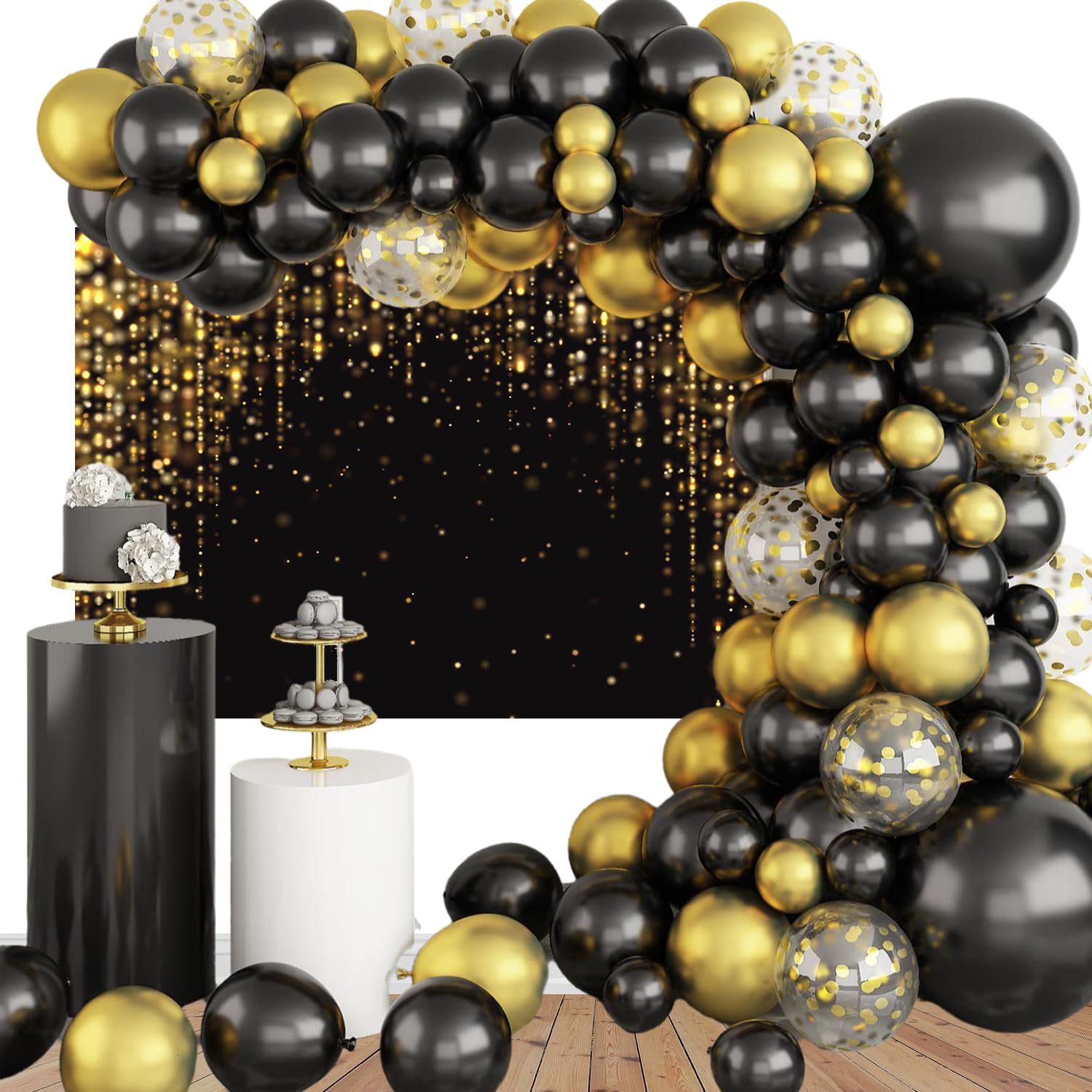 Mocsicka Telón de fondo negro y dorado con purpurina dorada Bokeh Spot decoración de la boda Fondo de la fiesta de cumpleaños Baby Shower Banner de vinilo para cabina de fotos (2,1 x 1,5 m)