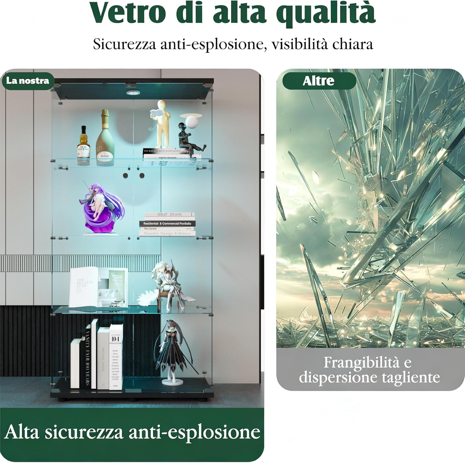 Vitrina de cristal con LED, Vitrina de cristal templado, 4 estantes de cristal, con 2 puertas y candado, vitrinas para figuras de armario, para salón, oficina, objetos de colección (Negro +