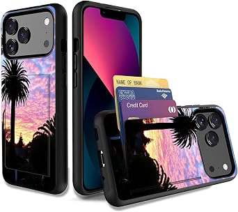 for iPhone 17 Pro Case,Dual Layer Smooth Hard Back Cover Wallet Pocket Credit Card ID Protective Case for iPhone 17 Pro,Tropical Sunset Palm Tree
