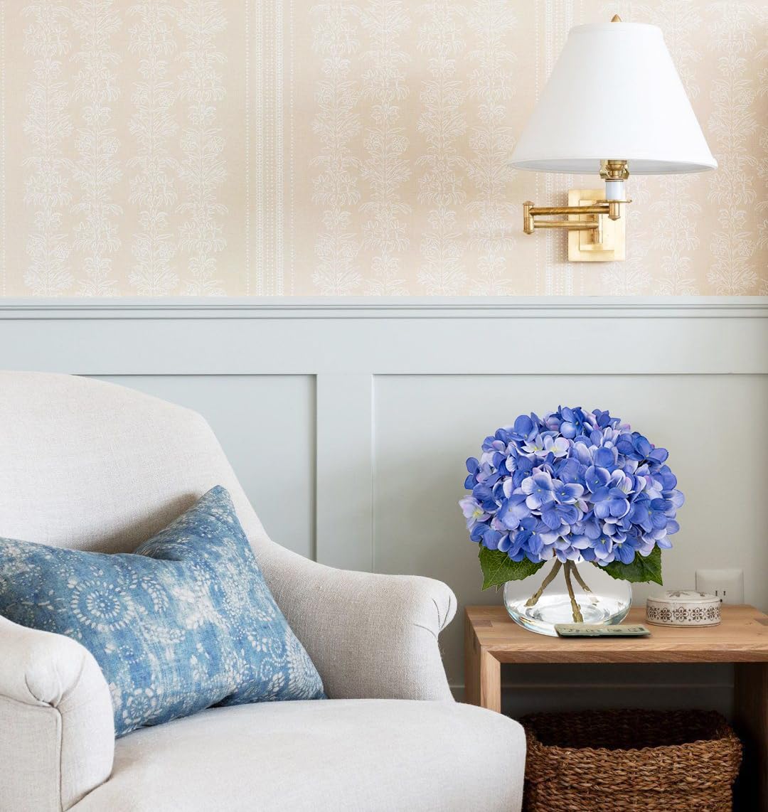 Hollyone Hydrangea Artificial Flowers with Vase Slate Blue Silk Fake Flowers Arrangements Floral Bulk Bouquet in Glass Vase with Faux Water for Home Bathroom Office Table Centerpiece Shelf Decorations - Image 5