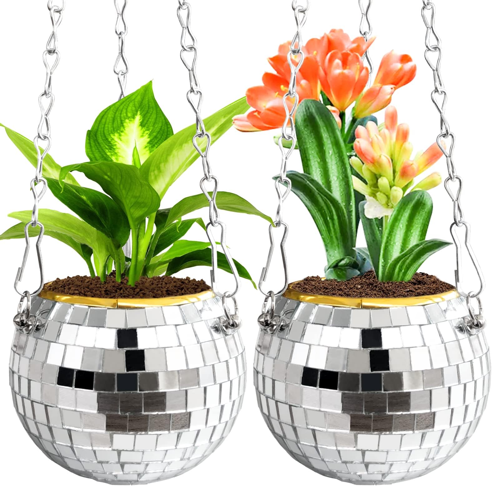 Rrshnsgv Disco Ball Planter,2 Pcs 4 Inch Mirror Disco Ball Hanging Planters,Hanging Mirror Ball Flower Pots with Chain and Macrame Hanger for Garden Home Porch Decor Indoor and Outdoor Decorations