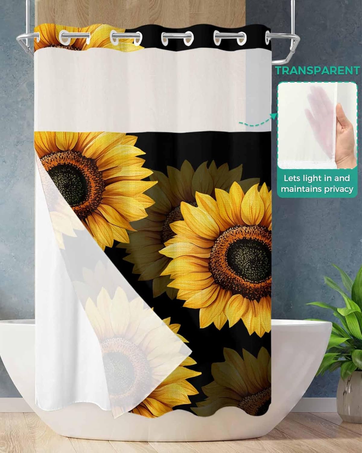 No Hook Shower Curtain with Snap in Liner Set,Rustic Watercolor Sunflower on Black Waterproof Fabric Shower Curtains Farmhouse Floral Art Double Layer Bath Curtain for Bathroom,36Wx72L