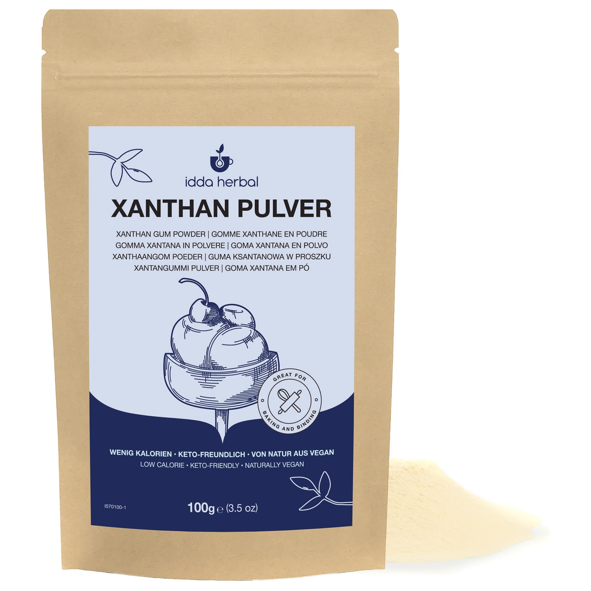 IDDA Herbal Xanthan Gum Pulver 100g, Verdickungsmittel, Xantana Pulver, Ketofreundlich, natürlicher Lebensmittelstabilisator, Xanthan Gum für Eis