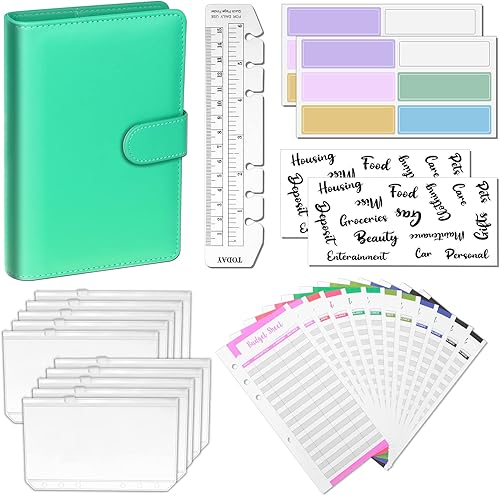 Miniatura 8 de Modacraft Carpeta de presupuesto de piel sintética A6, agenda de 6 anillos, organizador de dinero, 8 sobres de efectivo, impermeable, 29 categorías,