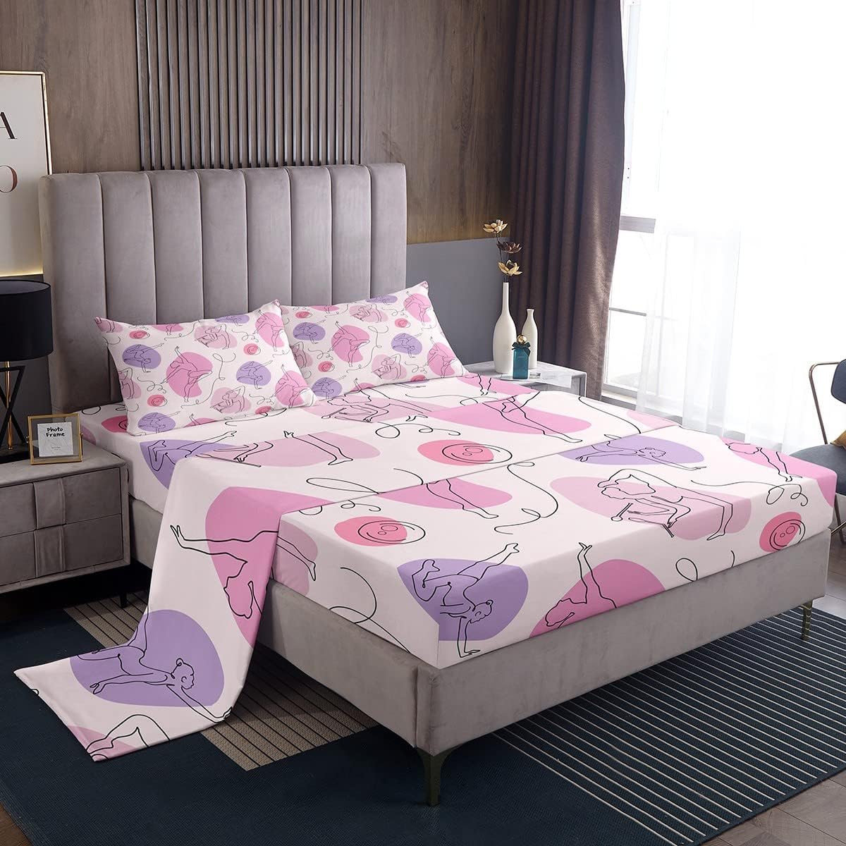 Gymnastics Bed Sheet Full Size,Dance Lover Bedding Set 4pcs,Kids Girls Gymnast Women Bedroom Decor Girly Pink Purple Sheet Set Abstract Cow Fur Fitted Sheet+Flat Sheet+2 Pillowcases