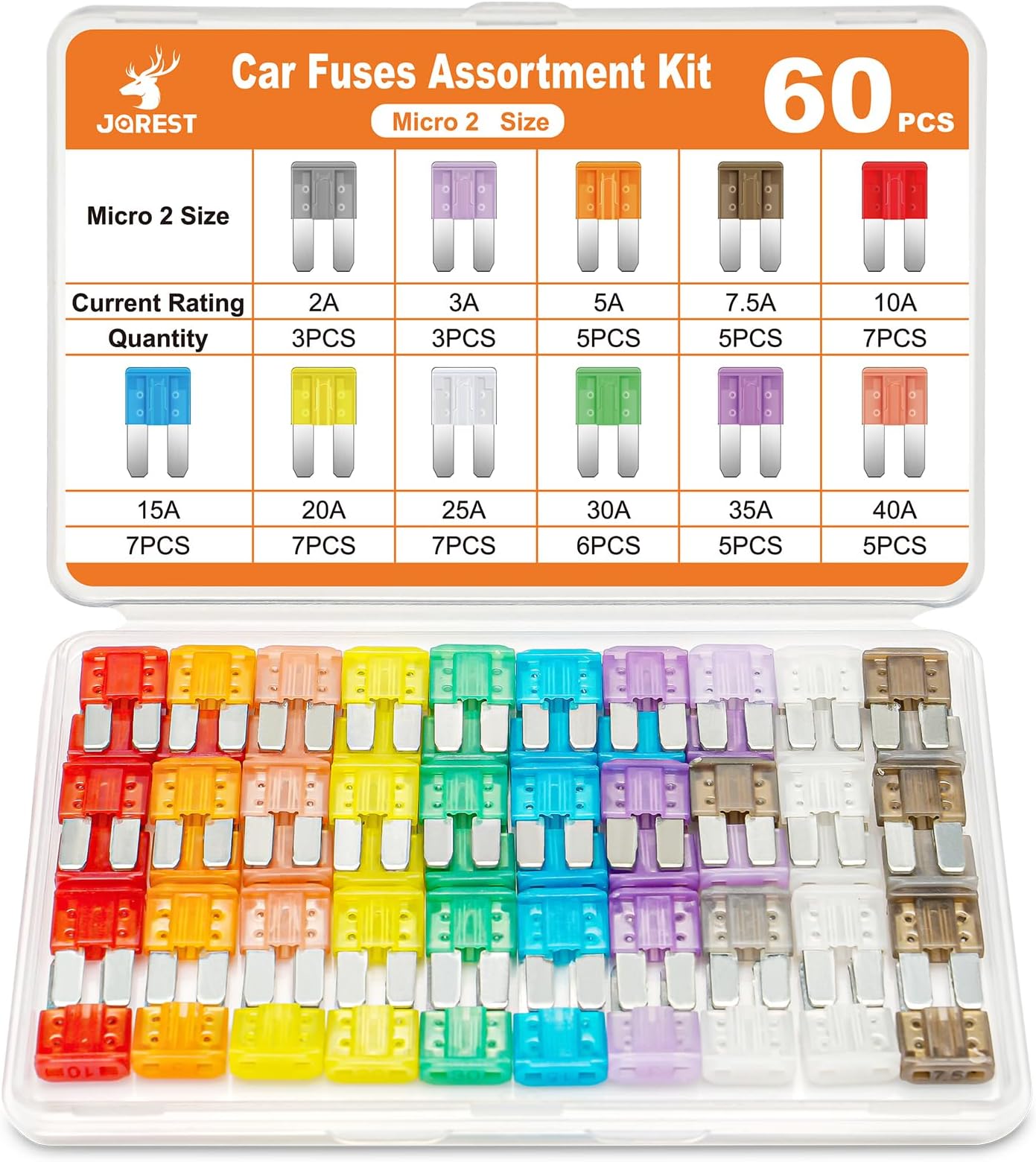 JOREST 60Pcs Micro Assorement Fuses Kit -Micro2 Fuse kit, Micro 2 Automotive Replacement Fuses for Car RV Truck Motorcycle(2Amp 3A 5A 7.5A 10A 15A 20A 25A 30A 35A 40A)