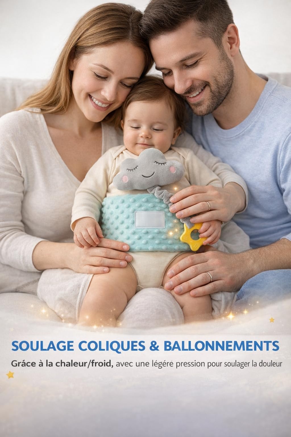 Ceinture bouillotte bébé anti-coliques – poche gel chaud/froid, doudou musical amovible, anneau de dentition silicone étoile, housse satin – soulage coliques & ballonnements – Certifiée CE