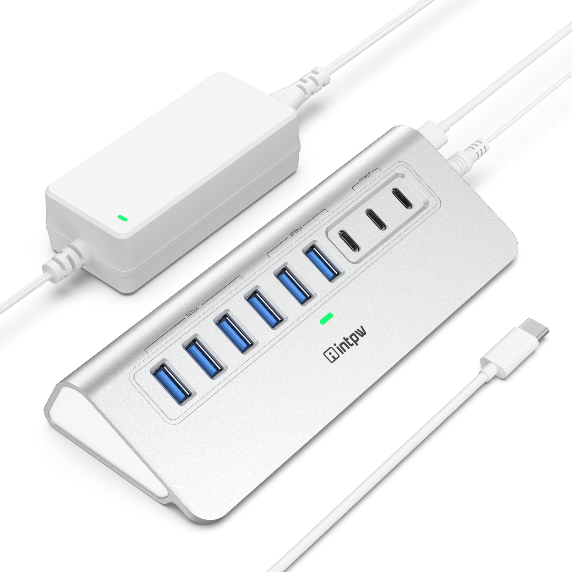 intpw - Concentrador USB 3.2 de 9 puertos 10 Gbps, concentrador USB C con USB A/USB C 3.2, 4 USB 3.0, 2 puertos de carga PD de 45 W, adaptador de corriente de 65 W y cable de 3.3 pies, hub USB de