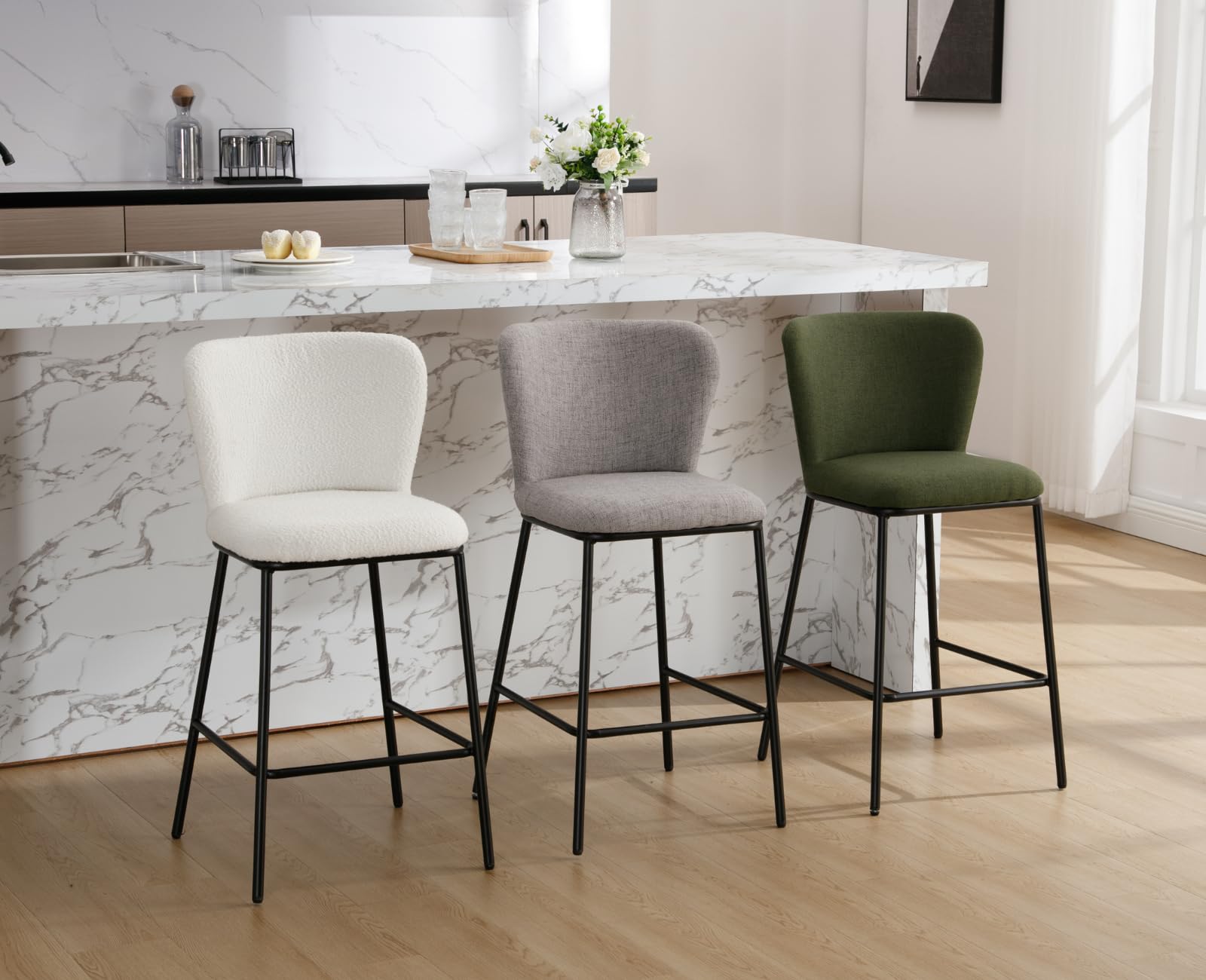 chairus Set di 2 Sgabelli da Bar in Tessuto di Lino Sgabelli Cucina Moderni Design con Schienale Sgabelli Imbottiti con Gambe in Metallo Sgabelli Alti per Penisola/Bar/Cucina, Verde