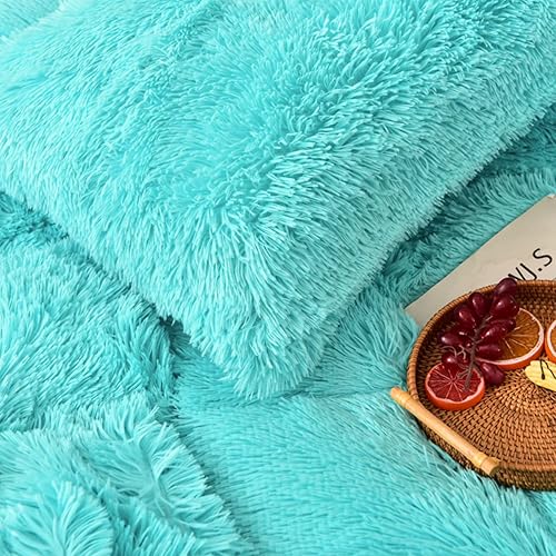 Miniatura 4 de MorroMorn Juego de funda de edredón de 5 piezas, pelo sintético largo de lujo, ultra suave (aguamarina, matrimonialqueen)