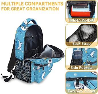 Shark Backpacks for Boys Girls, 16 Inch Cute Backpack for School, Blue Adjustable Straps, Durable, Bookbag for Kids
