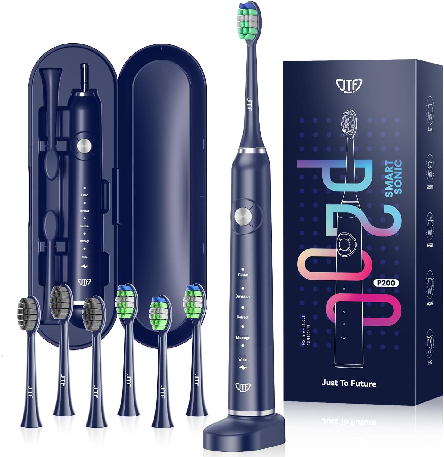 JTF Sonic Electric Toothbrush for Adults: 5 Modes with Smart Timer for Deep Cleaning & Whitening, 2 Brush Head Types for Sensitive Teeth, Gums & Braces, Travel-Friendly Case and Wireless Charging Base